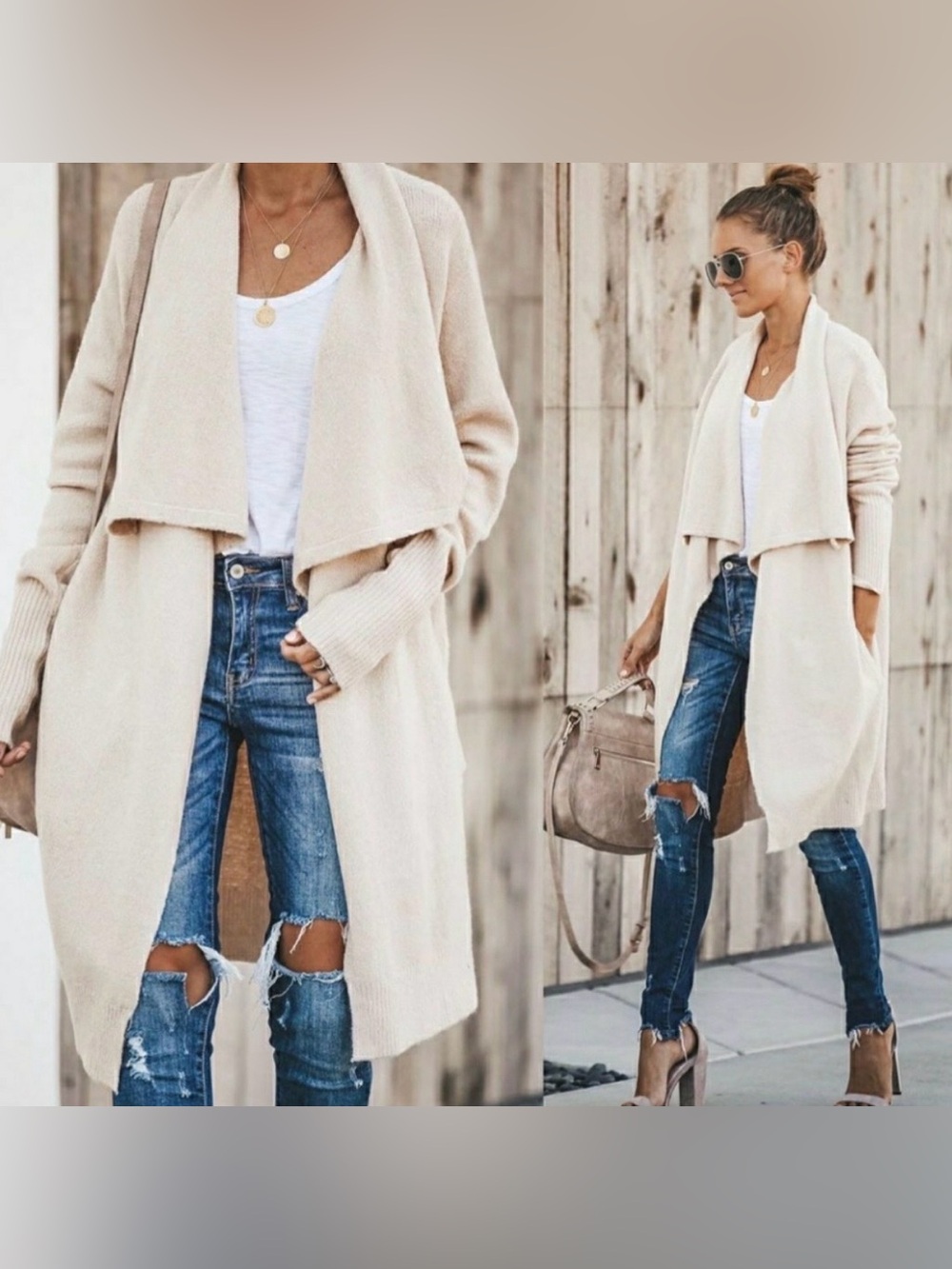 Women's Long Open-Front Knit Cardigan Sweater - Cream